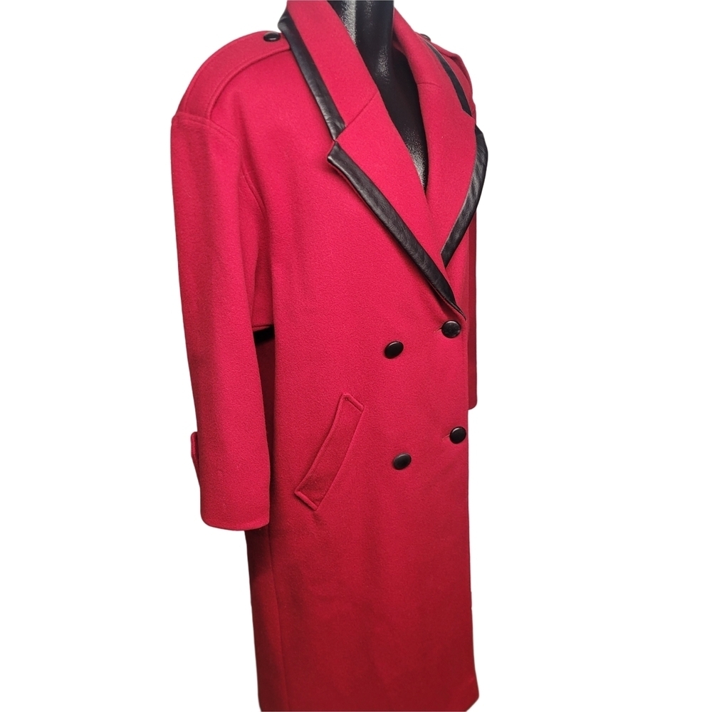 Vintage Red 100% Wool Double-Breasted Maxi Over Coat with Black Trim 6 - Picture 5 of 10